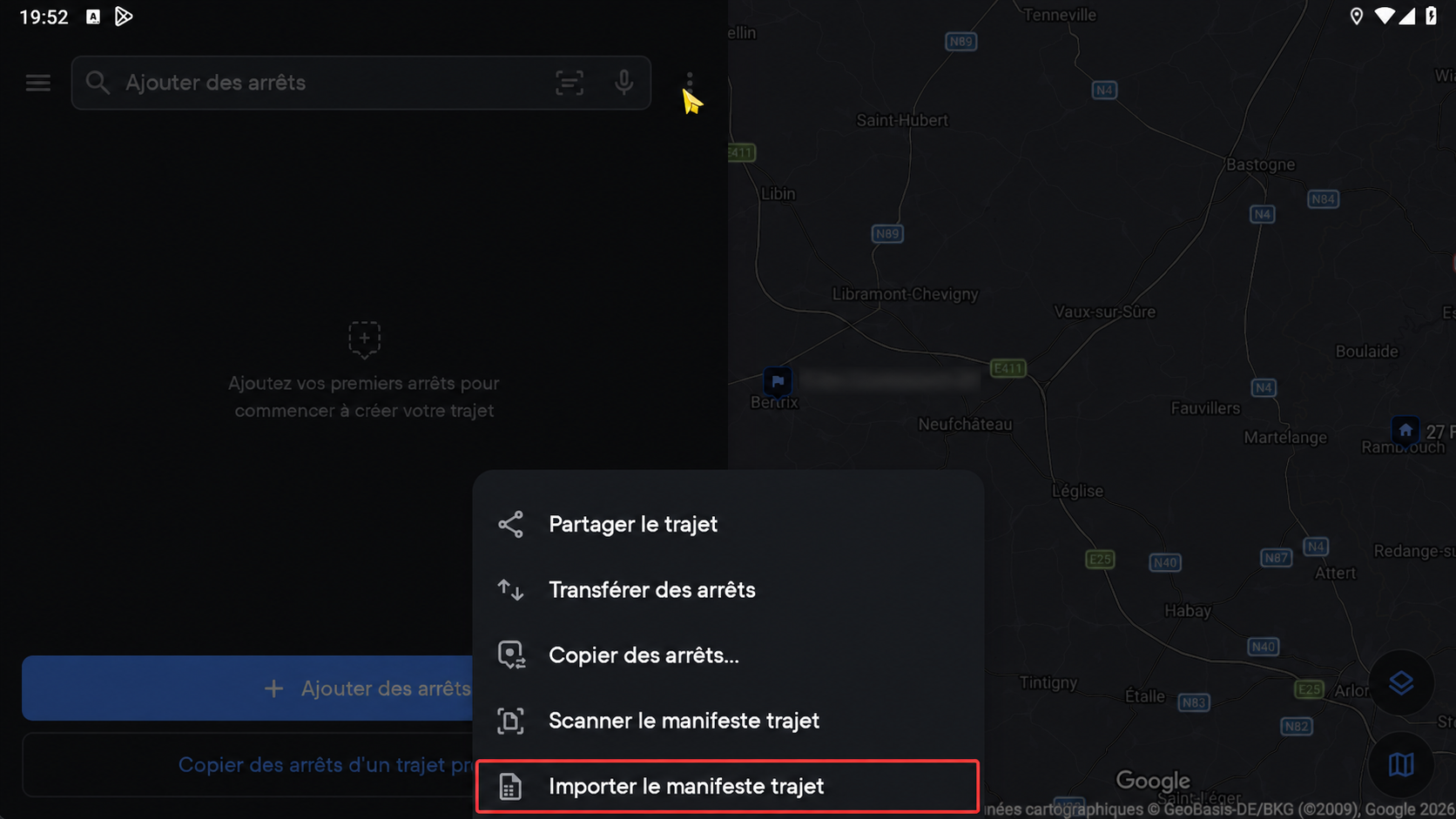 L’option Importer le manifeste trajet est encadrée.